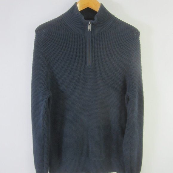 Vtg J. Crew Mens Medium Navy Blue LS Cotton Waffle Weave 1/4 Zip Henley Sweater - Picture 1 of 7